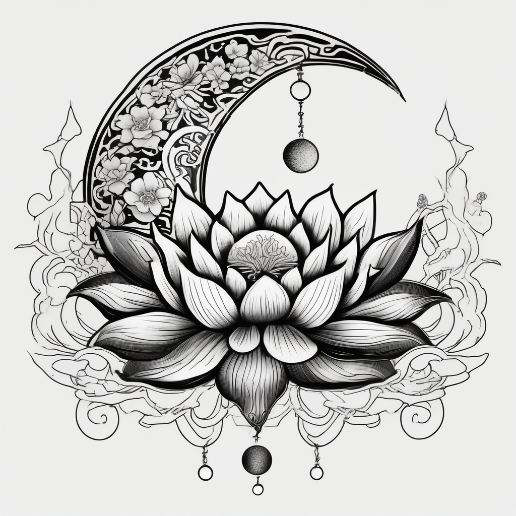 crescent floral moon with lotus flower glowing floral sleeve tattoo, AI-generated Japanese tattoo design